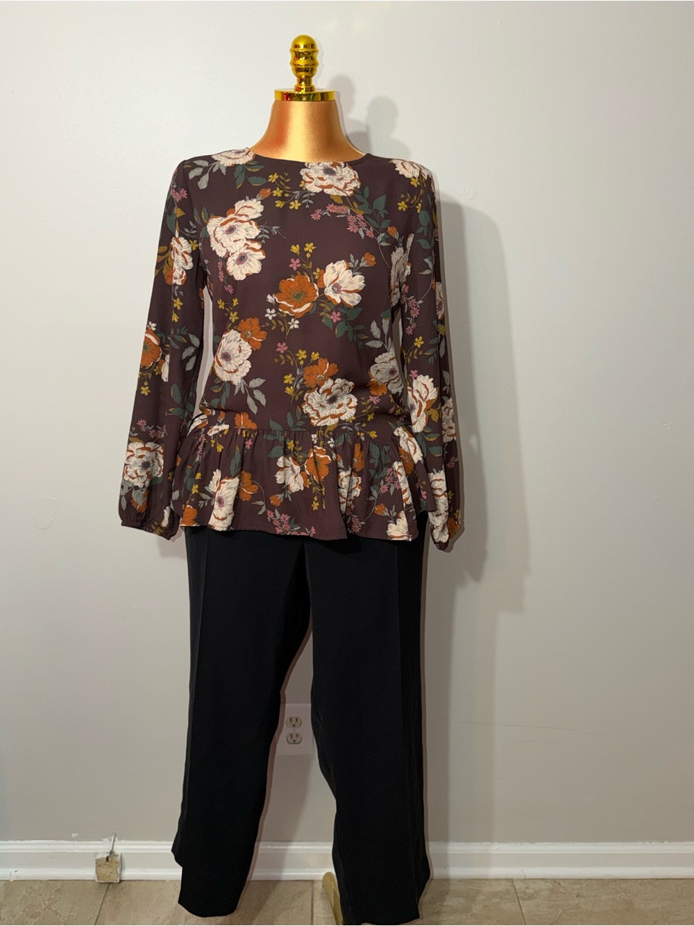 Maurices Brown Floral Peplum Long-Sleeve Blouse